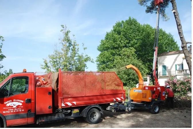 Le camion benne de l'entreprise et le broyeur en poste sur un chantier